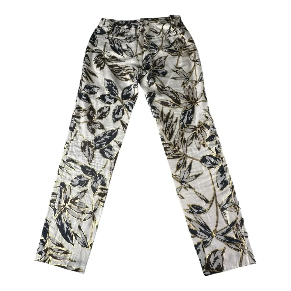 J. Crew Women's Garden Pant Cropped Gold Foil Leaf 100% Linen‎ Size 00